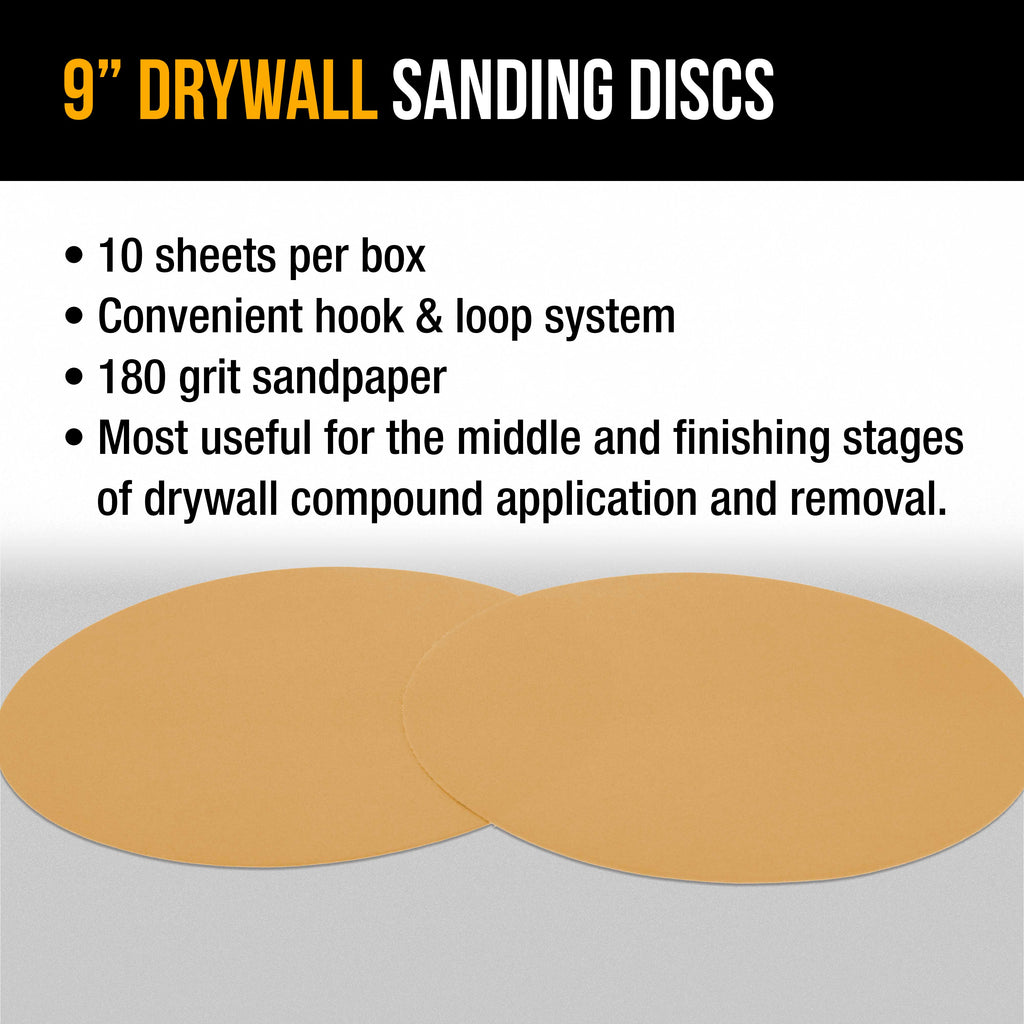 Premium 9" Drywall Sanding Discs, 180 Grit (Box of 10), Sandpaper Discs with Hook & Loop Backing, Aluminum Oxide Abrasive, For Power Sanders
