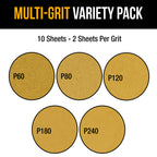 Premium 9" Drywall Sanding Disc Variety Pack Box - 60, 80, 120, 180, 240 Grit (2 Discs Each, 10 Total), Hook & Loop Aluminum Oxide Sandpaper