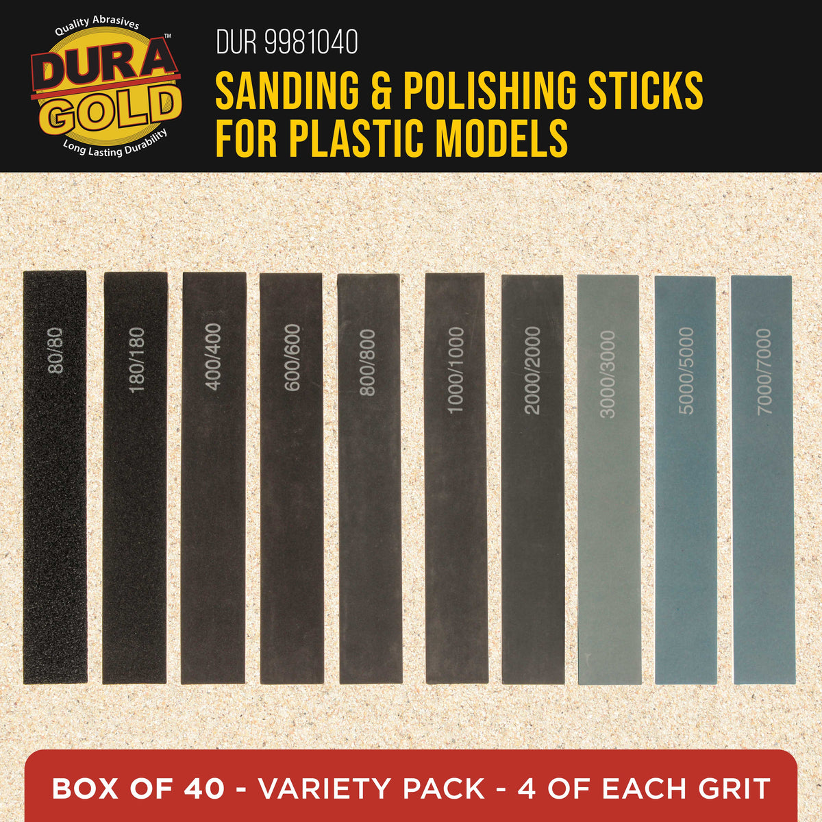 Sanding Sticks and Polishing Sticks for Plastic Models, Pack of 40 - 4 Each of 10 Grits, Coarse 80 to Super-Fine 7000 Grit, Classic Style