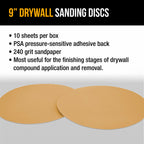 Premium 9" PSA Drywall Sanding Discs - 240 Grit (Box of 10) - Self Adhesive Aluminum Oxide Abrasive Sandpaper - For Drywall Power Sander