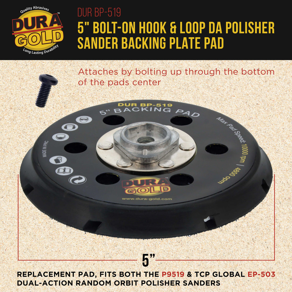 5" Bolt-On Hook & Loop DA Polisher Sander Backing Plate Pad - Replacement Pad, Fits P9519 &  EP-503 Dual-Action Polisher Sanders