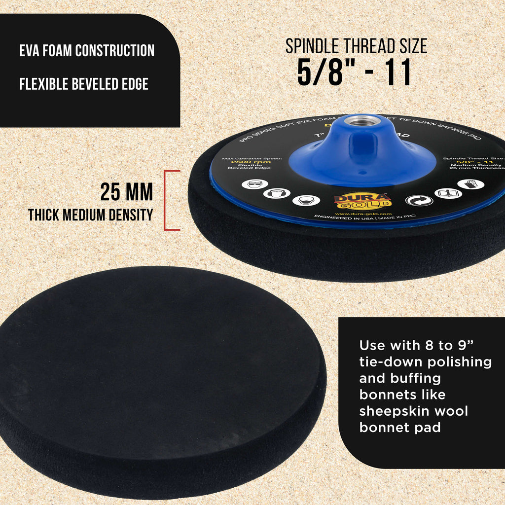 Pro Series 7" Flexible Edge EVA Foam Polishing Buffing Backing Pad for Tie-Down Bonnet Pads, Sheepskin Wool - Rotary Polisher Buffer Backup