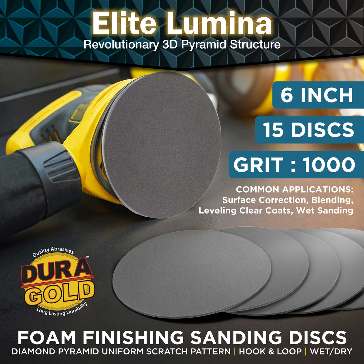 Elite Lumina 6” 1000 Grit Foam Finishing Sanding Discs, Box of 15