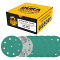 120 Grit 5" Green Film Sanding Discs, 9-Hole Pattern, Box of 50 - Heavy-Duty Dustless Hook & Loop Backing Sandpaper for DA & Random Orbital Sanders, Sand Auto Paint, Wood, Furniture