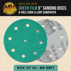 60 Grit 5" Green Film Sanding Discs, 9-Hole Pattern, Box of 25 - Heavy-Duty Dustless Hook & Loop Backing Sandpaper for DA & Random Orbital Sanders, Sand Auto Paint, Wood, Furniture