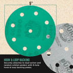 600 Grit 5" Green Film Sanding Discs, 9-Hole Pattern, Box of 50 - Heavy-Duty Dustless Hook & Loop Backing Sandpaper for DA & Random Orbital Sanders, Sand Auto Paint, Wood, Furniture