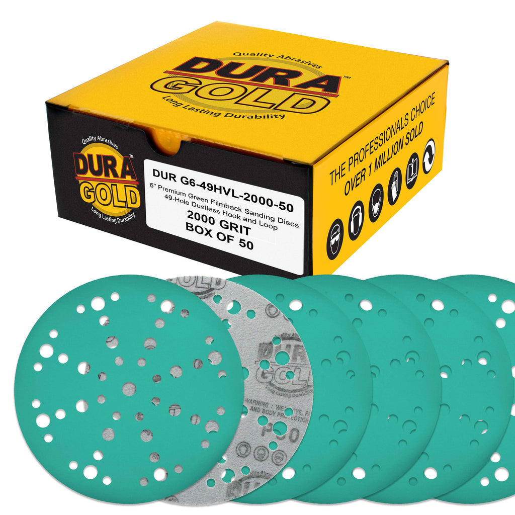 2000 Grit 6" Green Film Sanding Discs, 49-Hole Pattern, Box of 50 - Heavy-Duty Dustless Hook & Loop Backing Sandpaper for DA, Random Orbital Sander, Detail Color Sand Auto Paint Wood