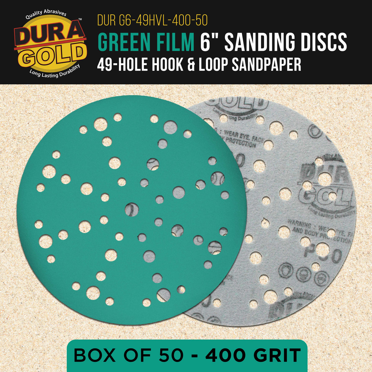 400 Grit 6" Green Film Sanding Discs, 49-Hole Pattern, Box of 50 - Heavy-Duty Dustless Hook & Loop Backing Sandpaper for DA & Random Orbital Sanders, Sand Auto Paint, Wood Furniture