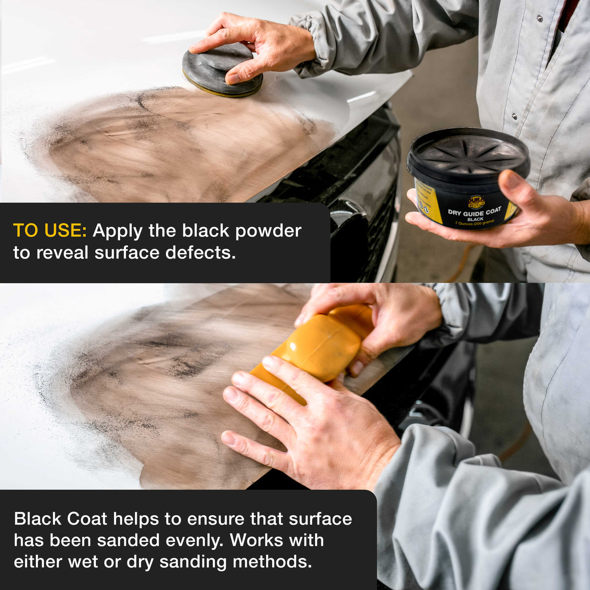 Premium Black Dry Guide Coat Kit, 7 Ounces (200 Grams) - Powder that Instantly Highlights Auto Bodyshop Repair Surface Imperfections Defects
