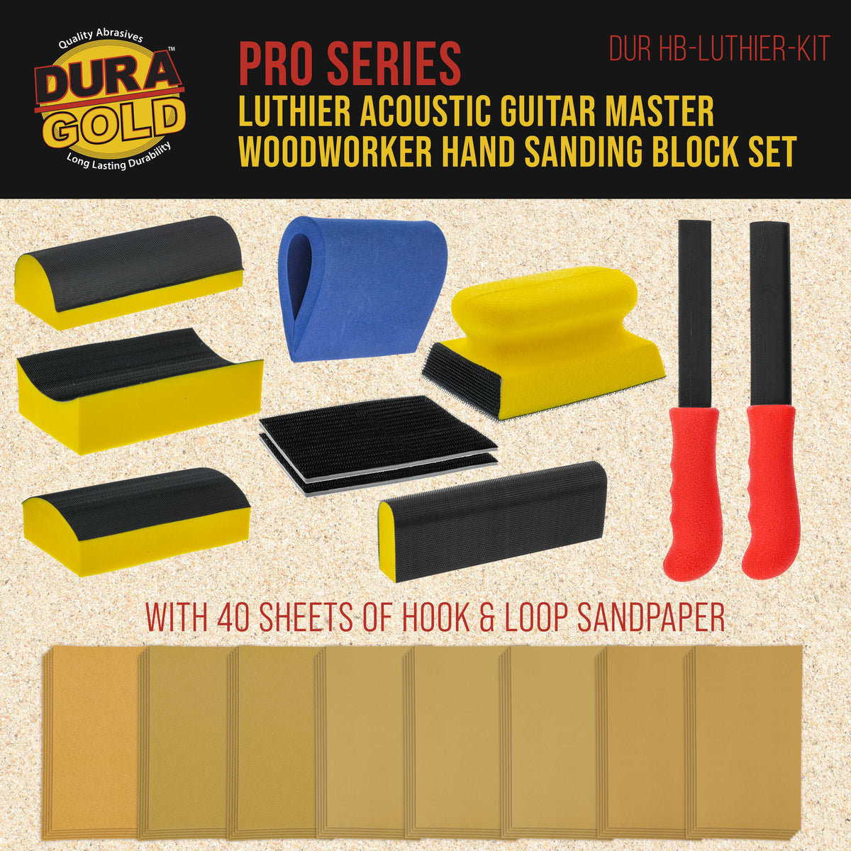 Luthier Acoustic Guitar Master Woodworker Hand Sanding Block Set with 40 Sheet Hook & Loop Sandpaper Kit - Convex & Concave Profile Shapes