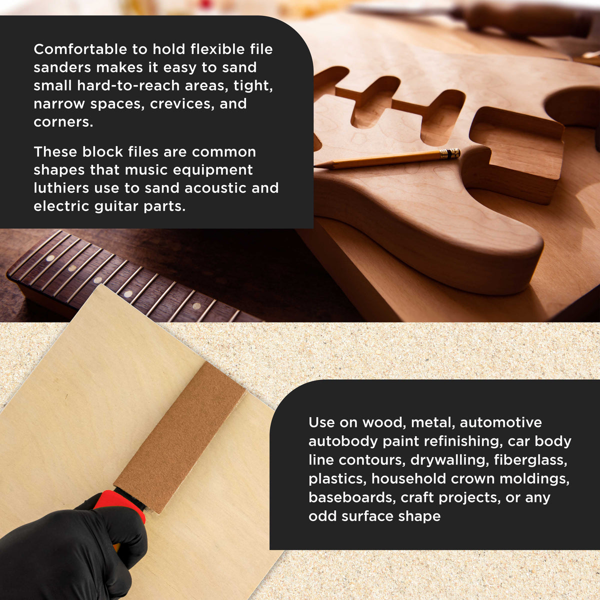 Set of 3 Contour Hand Sanding File Block Sticks with 40 Sheet Hook & Loop Sandpaper Kit - 3 Different Convex Radius Profile Shapes, Teardrop