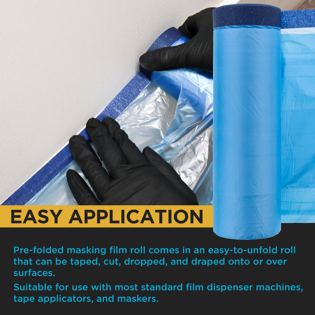 106" Wide x 46' Long Roll of Pure Blue Pre-Taped Masking Film, 3 Pack, Overspray Paintable Plastic Protective Sheeting, Pull Down Drop Sheet
