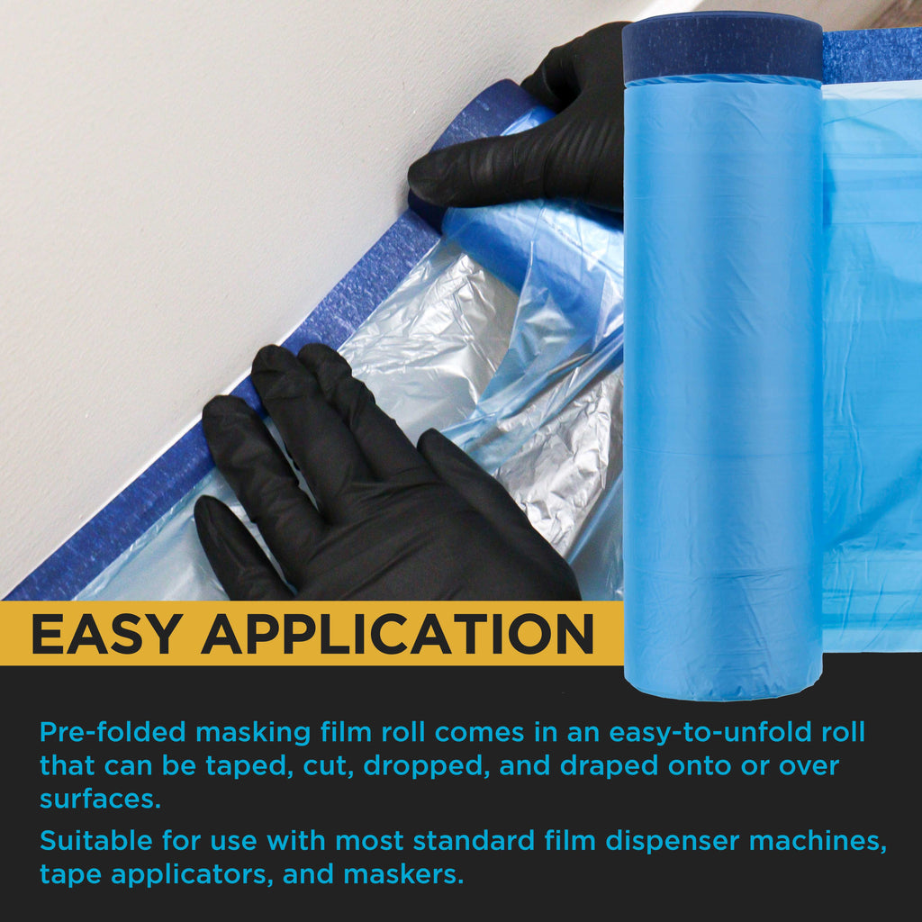 106" Wide x 46' Long Roll Pure Blue Pre-Taped Masking Film, Pre-Folded Overspray Paintable Plastic Protective Sheeting, Pull Down Drop Sheet