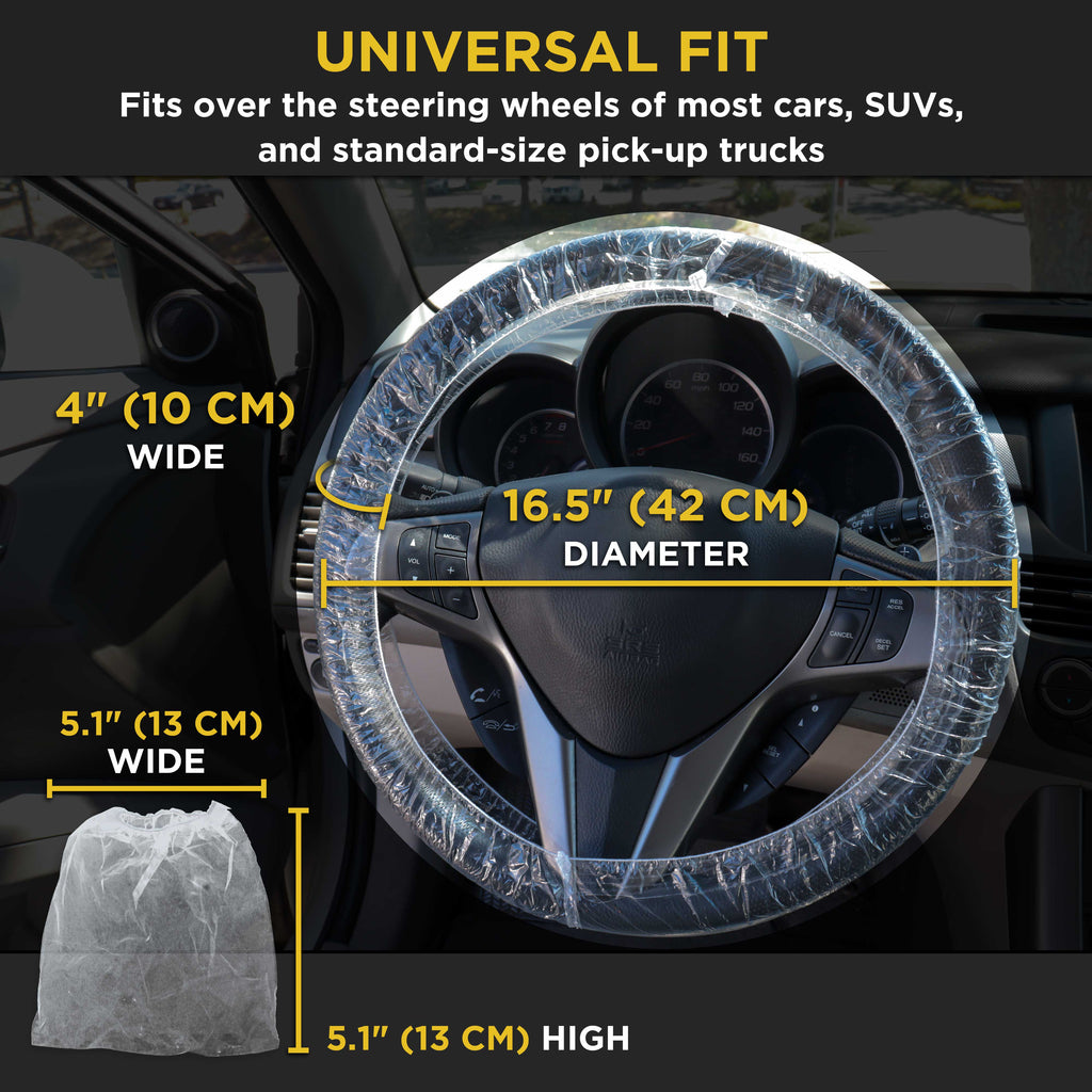 200 Piece Set of Disposable Steering Wheel Covers and Gear Selector Shifter Knob Covers - Universal Fit, Clear Plastic with Elastic Bands
