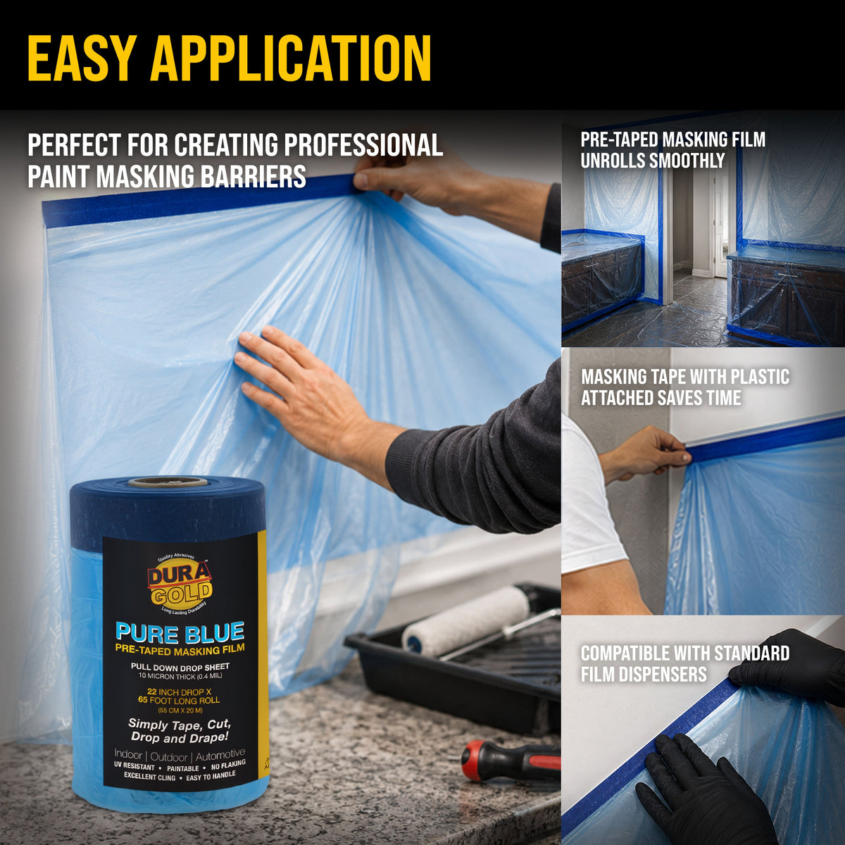 22" x 65' Pure Blue Pre-Taped Masking Film, (3 Pack) Painters Plastic Roll (0.4 Mil), Pull Down Drop Sheet, Pre-Taped Plastic Sheeting