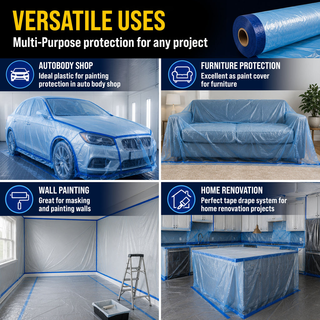 22" x 65' Pure Blue Pre-Taped Masking Film, (3 Pack) Painters Plastic Roll (0.4 Mil), Pull Down Drop Sheet, Pre-Taped Plastic Sheeting
