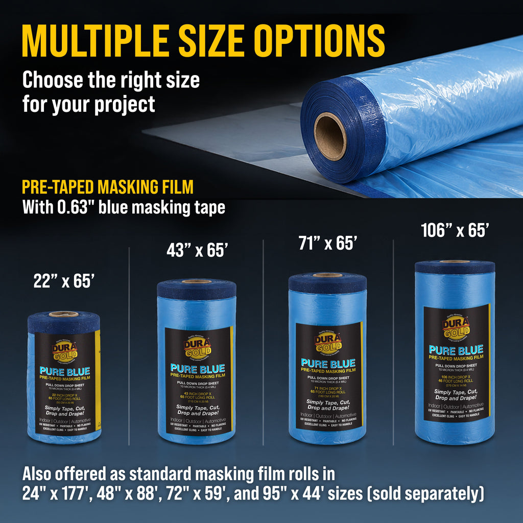 22" x 65' Pure Blue Pre-Taped Masking Film, (3 Pack) Painters Plastic Roll (0.4 Mil), Pull Down Drop Sheet, Pre-Taped Plastic Sheeting