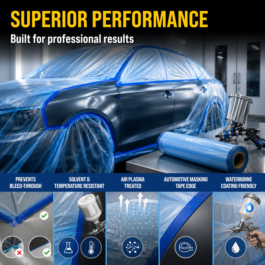 22" x 65' Pure Blue Pre-Taped Masking Film - Painters Plastic Roll (0.4 Mil) Pull Down Drop Sheet, Pre-Taped Plastic Sheeting