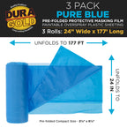 24" x 177' Pure Blue Pre-Folded Masking Film, (3 Pack) Painters Plastic Roll (0.4 Mil), Pull Down Drop Sheet, Pre-Folded Plastic Sheeting