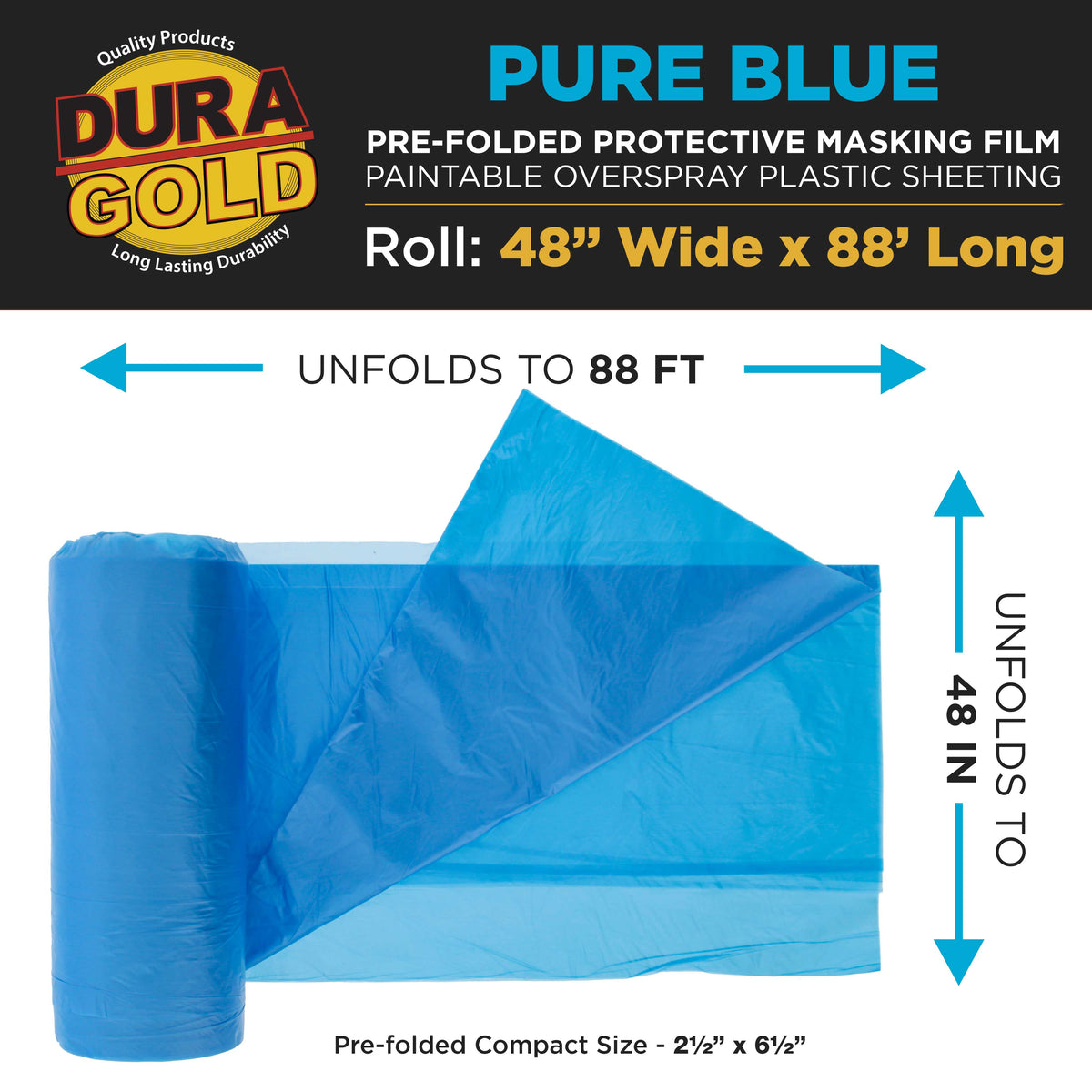 48" x 88' Pure Blue Pre-Folded Masking Film - Painters Plastic Roll (0.4 Mil) Pull Down Drop Sheet, Pre-Folded Plastic Sheeting