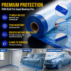 71" x 65' Pure Blue Pre-Taped Masking Film, (3 Pack) Painters Plastic Roll (0.4 Mil), Pull Down Drop Sheet, Pre-Taped Plastic Sheeting