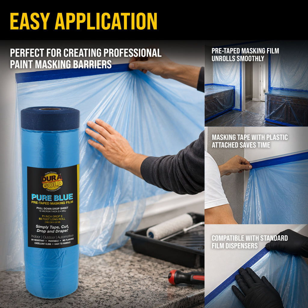 71" x 65' Pure Blue Pre-Taped Masking Film, (3 Pack) Painters Plastic Roll (0.4 Mil), Pull Down Drop Sheet, Pre-Taped Plastic Sheeting