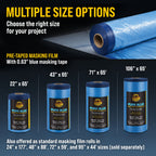 71" x 65' Pure Blue Pre-Taped Masking Film, (3 Pack) Painters Plastic Roll (0.4 Mil), Pull Down Drop Sheet, Pre-Taped Plastic Sheeting