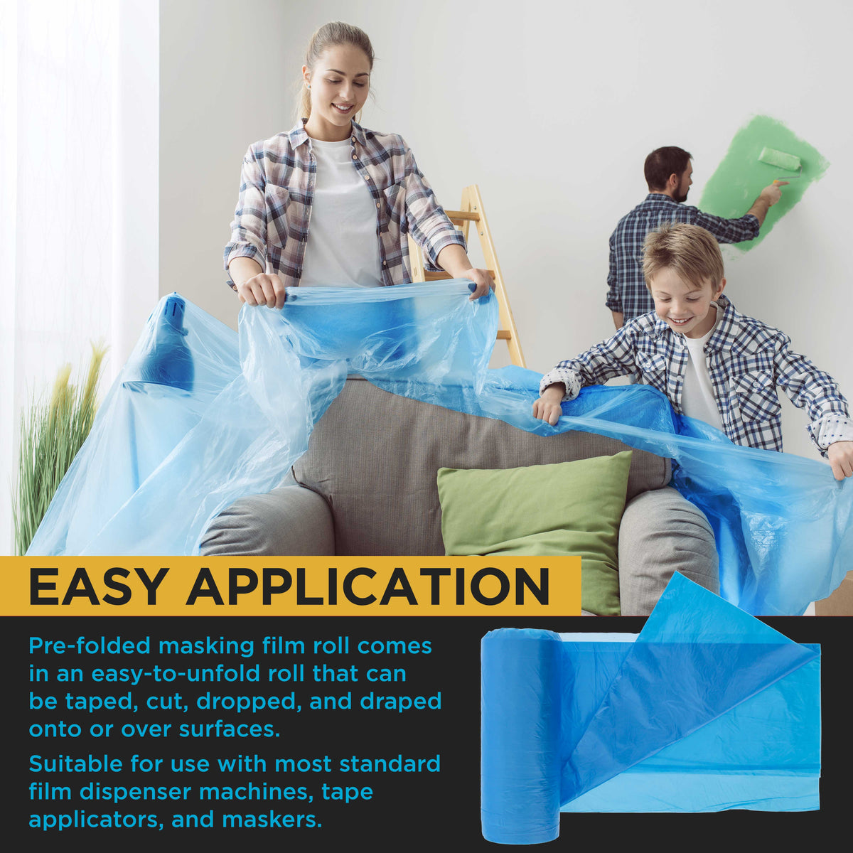 95" x 44' Pure Blue Pre-Folded Masking Film, (3 Pack) Painters Plastic Roll (0.4 Mil), Pull Down Drop Sheet, Pre-Folded Plastic Sheeting