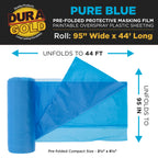 95" x 44' Pure Blue Pre-Folded Masking Film - Painters Plastic Roll (0.4 Mil) Pull Down Drop Sheet, Pre-Folded Plastic Sheeting