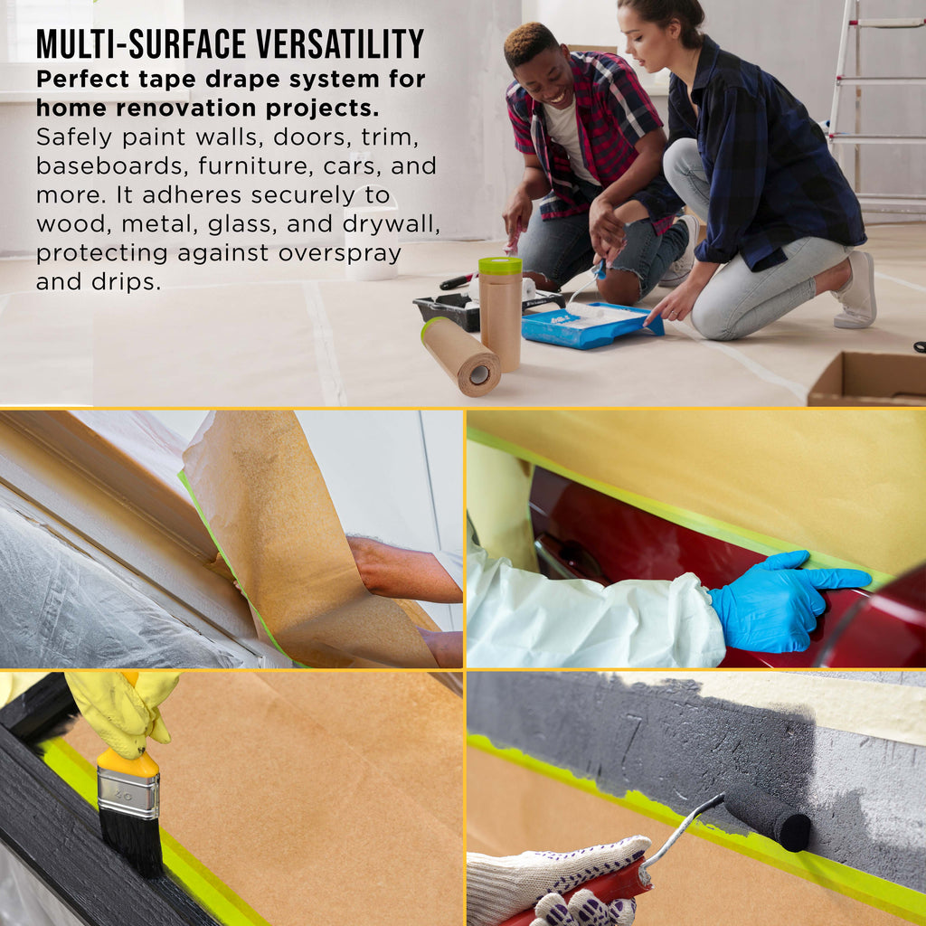 Pre-Taped Masking Paper for Painting (12" x 50', 2 Rolls) - Tape and Drape Painters Paper, Protective Covering, Overspray Barrier