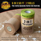 Pre-Taped Masking Paper for Painting (6" x 50', 2 Rolls) - Tape and Drape Painters Paper, Protective Covering, Overspray Barrier