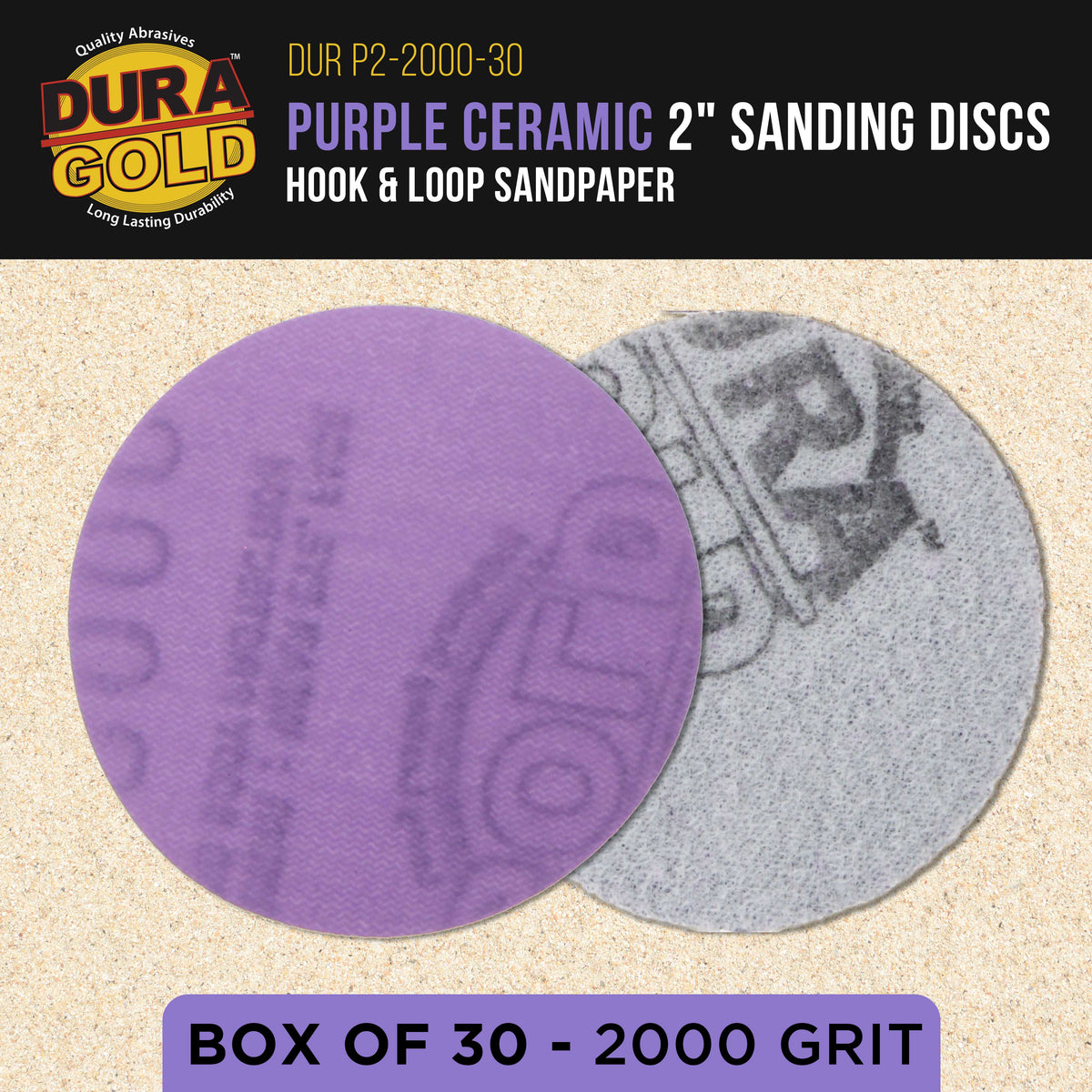 Premium 2000 Grit 2" Purple Film Ceramic Sanding Discs, Box of 30 - Hook & Loop Backing Sandpaper for DA Sander, Drill, Grinder, Rotary Tool