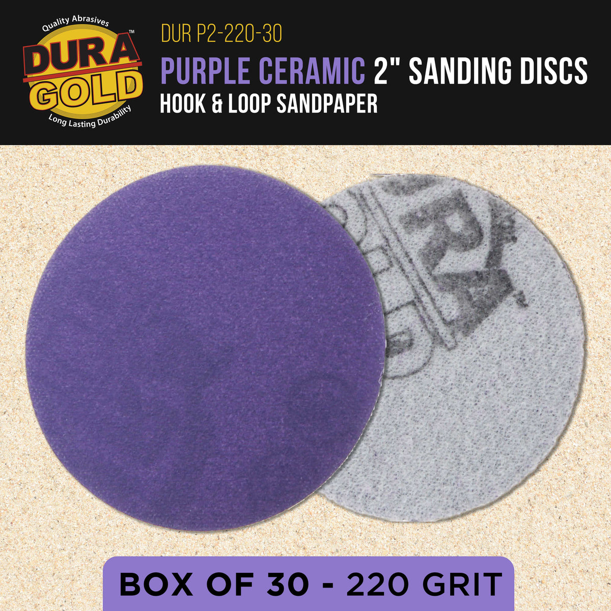 Premium 220 Grit 2" Purple Film Ceramic Sanding Discs, Box of 30 - Hook & Loop Backing Sandpaper for DA Sander, Drill, Grinder, Rotary Tool