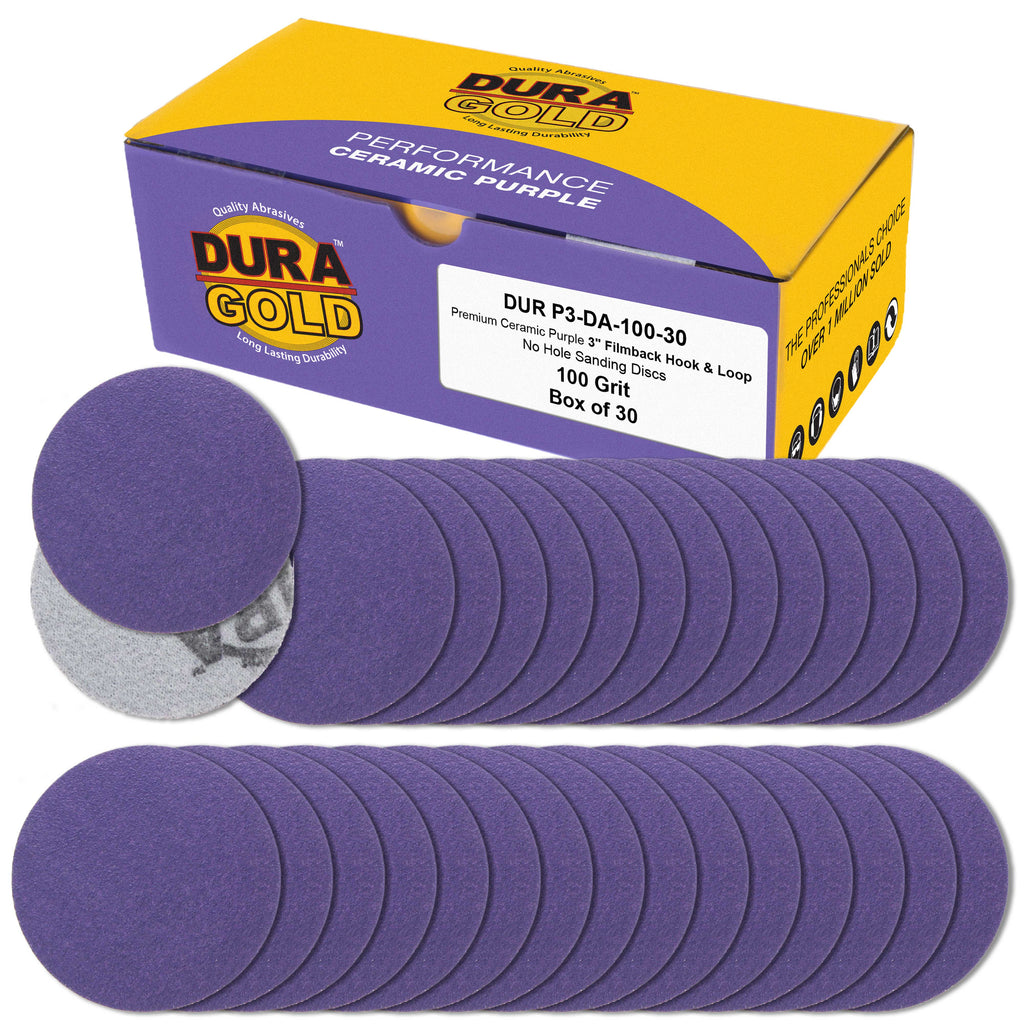 Premium 100 Grit 3" Purple Film Ceramic Sanding Discs, Box of 30 - Hook & Loop Backing Sandpaper for DA Sander, Drill, Grinder, Rotary Tool