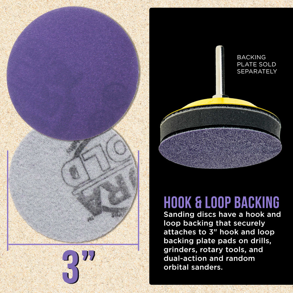 Premium 220 Grit 3" Purple Film Ceramic Sanding Discs, Box of 30 - Hook & Loop Backing Sandpaper for DA Sander, Drill, Grinder, Rotary Tool