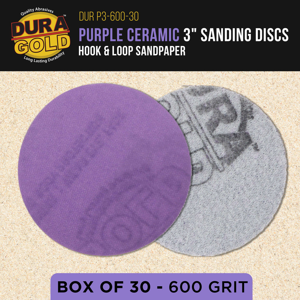 Premium 600 Grit 3" Purple Film Ceramic Sanding Discs, Box of 30 - Hook & Loop Backing Sandpaper for DA Sander, Drill, Grinder, Rotary Tool