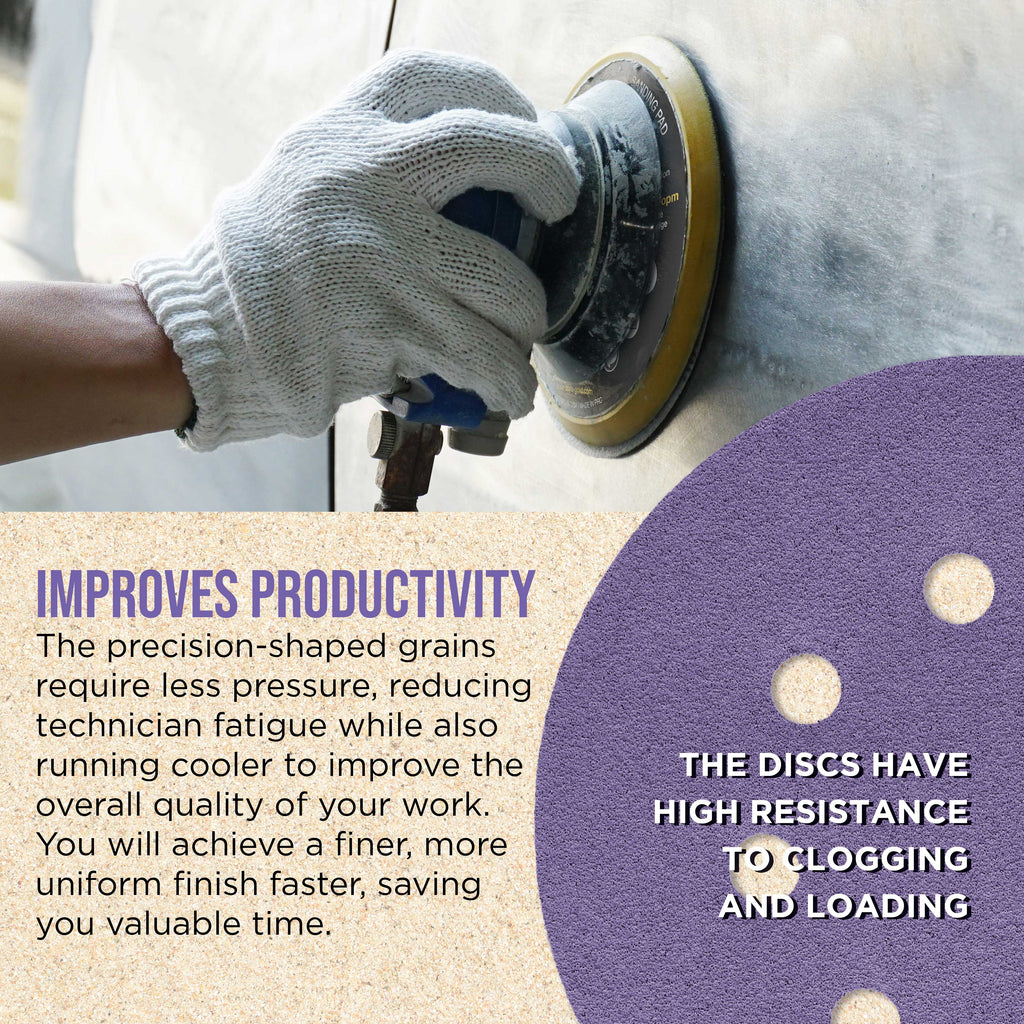 Premium 100 Grit 5" Purple Film Ceramic Sanding Discs, 8-Hole Pattern, Box of 50 - Dustless Hook & Loop Backing Sandpaper for DA & Random Orbital Sanders