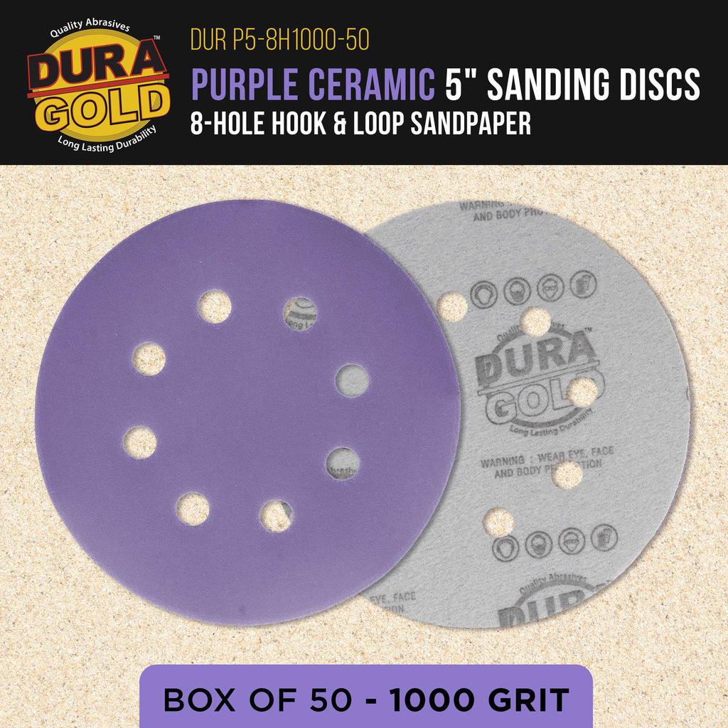 Premium 1000 Grit 5" Purple Film Ceramic Sanding Discs, 8-Hole Pattern, Box of 50 - Dustless Hook & Loop Backing Sandpaper for DA & Random Orbital Sanders