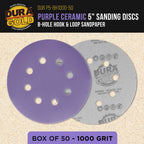 Premium 1000 Grit 5" Purple Film Ceramic Sanding Discs, 8-Hole Pattern, Box of 50 - Dustless Hook & Loop Backing Sandpaper for DA & Random Orbital Sanders