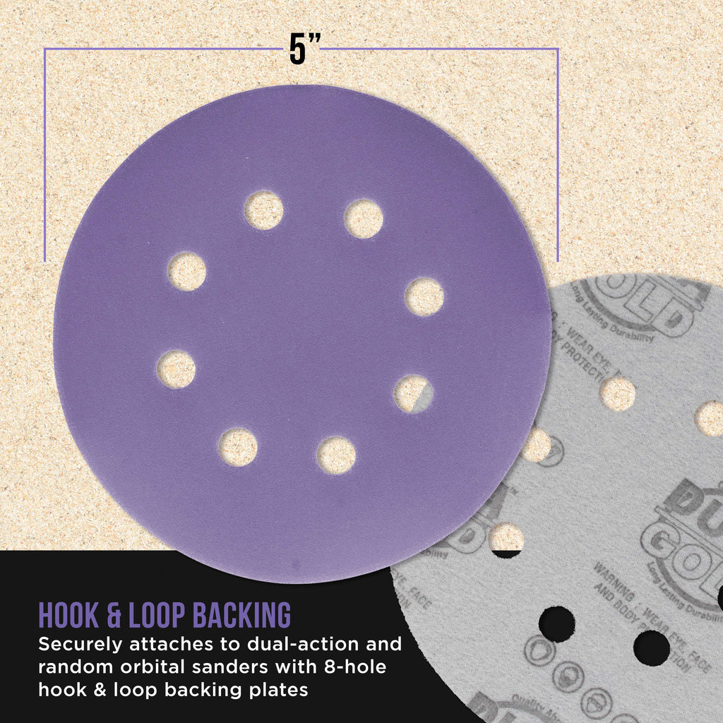 Premium 1000 Grit 5" Purple Film Ceramic Sanding Discs, 8-Hole Pattern, Box of 50 - Dustless Hook & Loop Backing Sandpaper for DA & Random Orbital Sanders