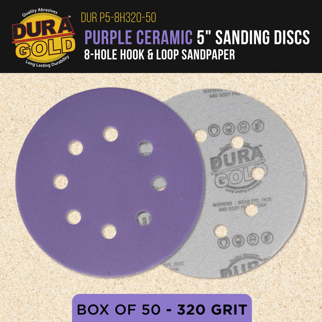 Premium 320 Grit 5" Purple Film Ceramic Sanding Discs, 8-Hole Pattern, Box of 50 - Dustless Hook & Loop Backing Sandpaper for DA & Random Orbital Sanders