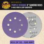 Premium 320 Grit 5" Purple Film Ceramic Sanding Discs, 8-Hole Pattern, Box of 50 - Dustless Hook & Loop Backing Sandpaper for DA & Random Orbital Sanders