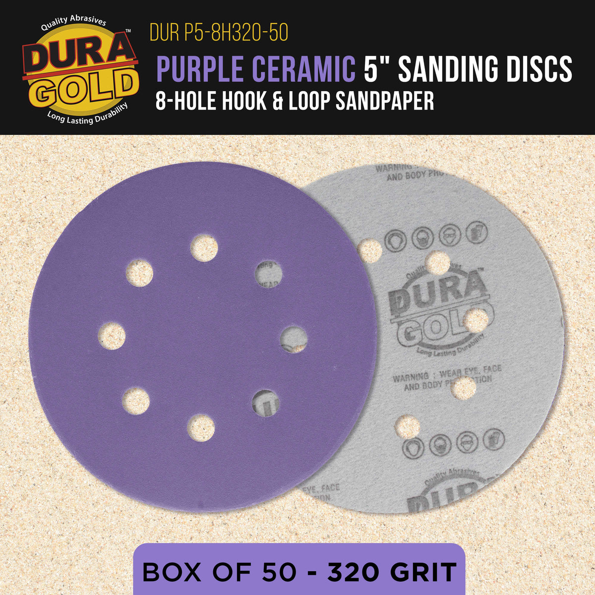 Premium 320 Grit 5" Purple Film Ceramic Sanding Discs, 8-Hole Pattern, Box of 50 - Dustless Hook & Loop Backing Sandpaper for DA & Random Orbital Sanders