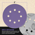 Premium 320 Grit 5" Purple Film Ceramic Sanding Discs, 8-Hole Pattern, Box of 50 - Dustless Hook & Loop Backing Sandpaper for DA & Random Orbital Sanders