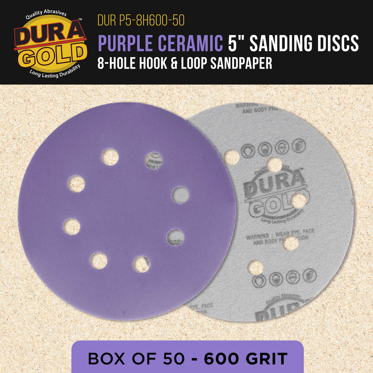 Premium 600 Grit 5" Purple Film Ceramic Sanding Discs, 8-Hole Pattern, Box of 50 - Dustless Hook & Loop Backing Sandpaper for DA & Random Orbital Sanders