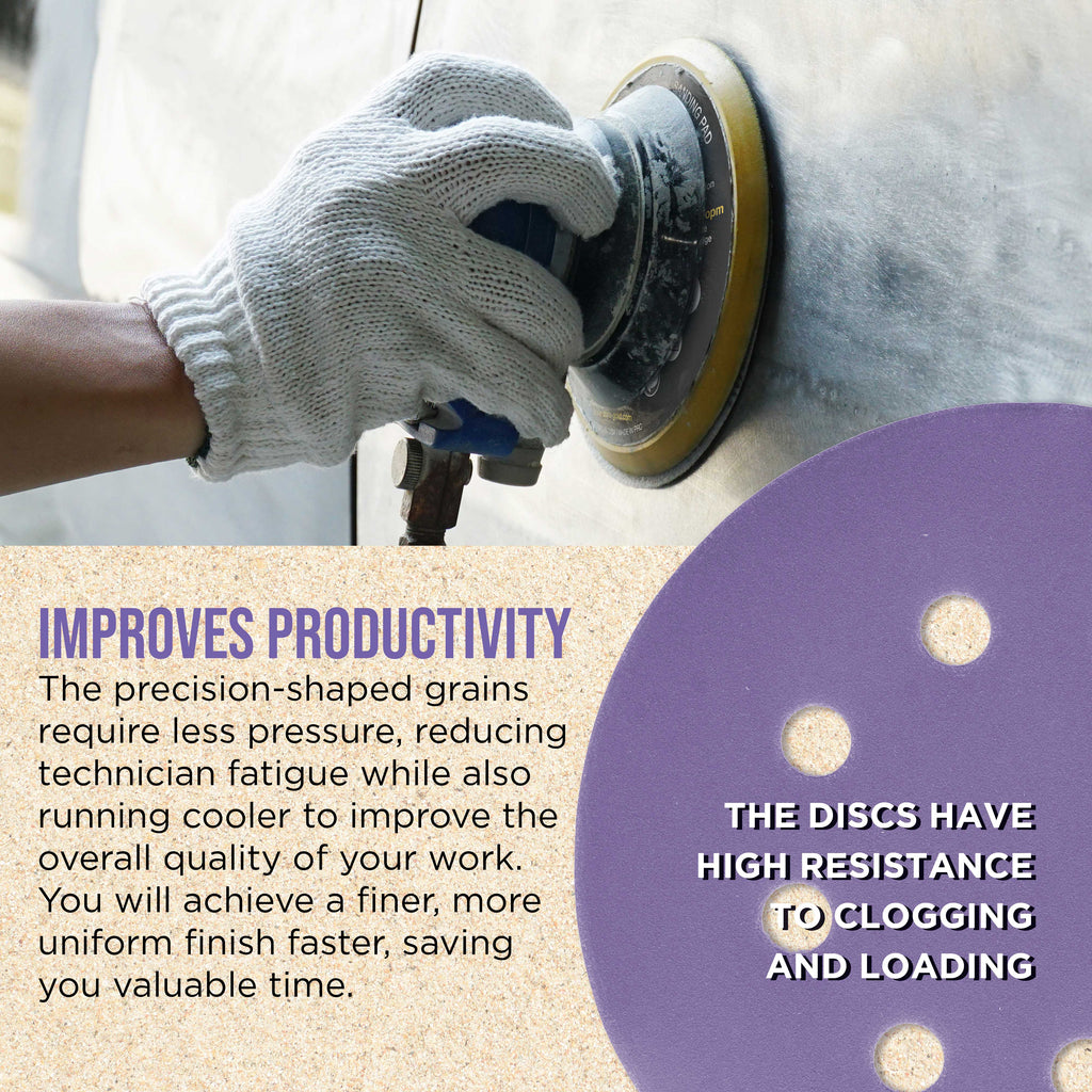 Premium 600 Grit 5" Purple Film Ceramic Sanding Discs, 8-Hole Pattern, Box of 50 - Dustless Hook & Loop Backing Sandpaper for DA & Random Orbital Sanders