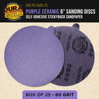 Premium 60 Grit 6" PSA Purple Film Ceramic Sanding Discs, Box of 25 - Self Adhesive Stickyback Sandpaper for DA & Random Orbital Sanders
