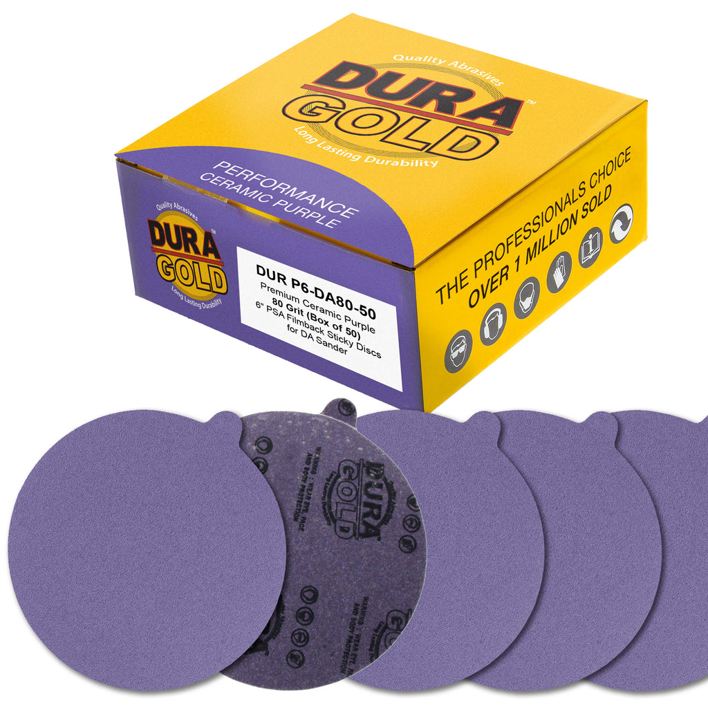 Premium 80 Grit 6" PSA Purple Film Ceramic Sanding Discs, Box of 50 - Self Adhesive Stickyback Sandpaper for DA & Random Orbital Sanders
