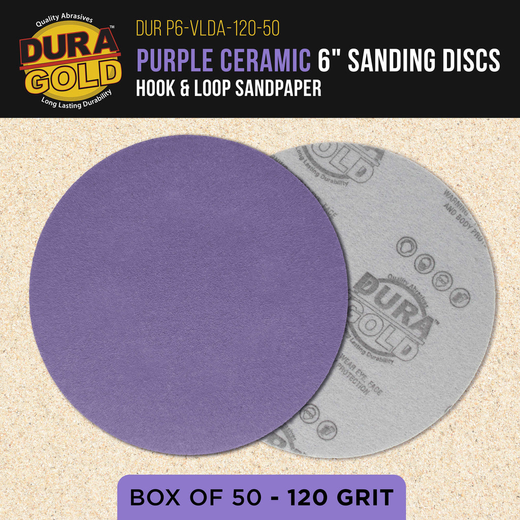 Premium 120 Grit 6" Purple Film Ceramic Sanding Discs, Box of 50 - Hook & Loop Backing Sandpaper for DA & Random Orbital Sanders