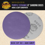 Premium 220 Grit 6" Purple Film Ceramic Sanding Discs, Box of 50 - Hook & Loop Backing Sandpaper for DA & Random Orbital Sanders